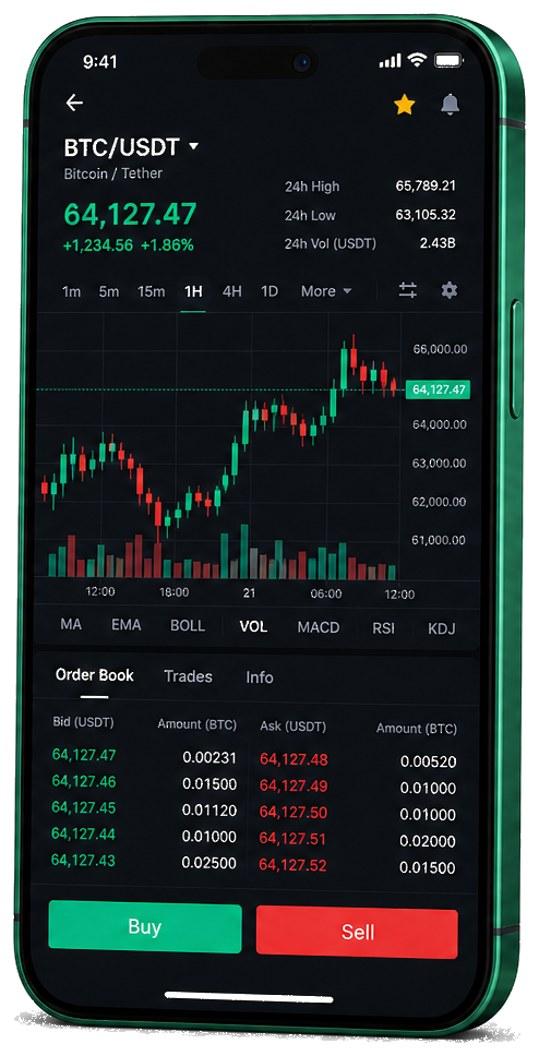 Maan Winsthof mobile trading platform — live BTC/USDT chart, order book and buy/sell interface